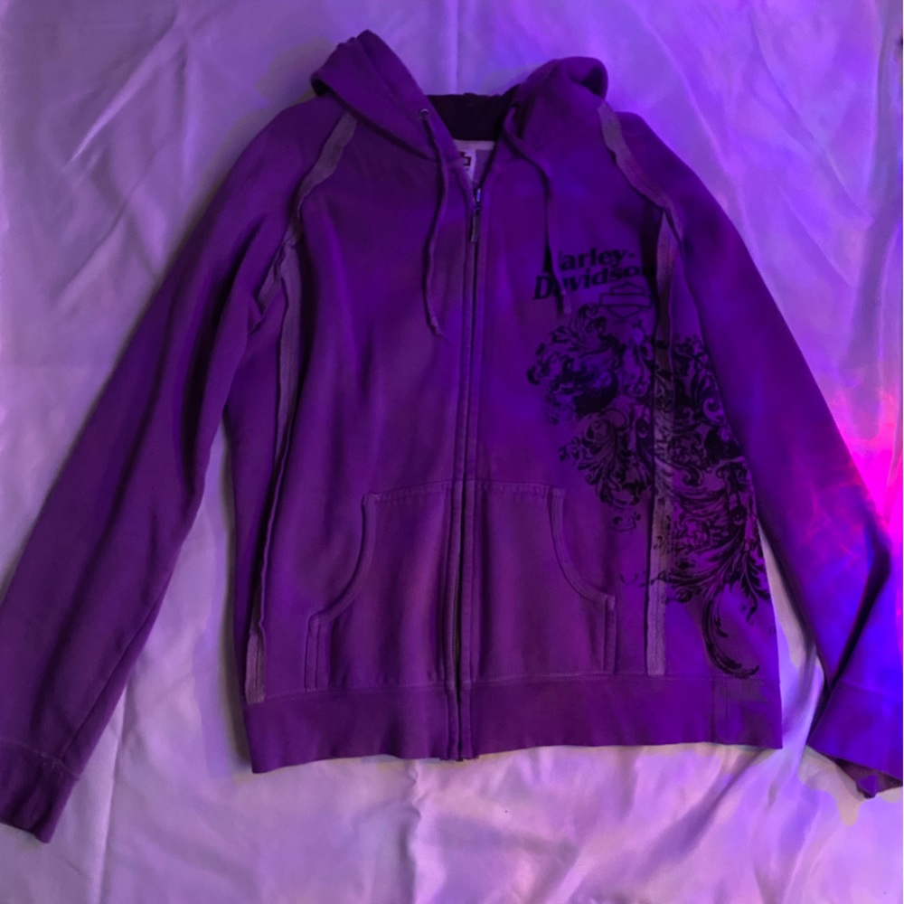 Light purple Harley Davidson zip up with reverse stitching and logo on front